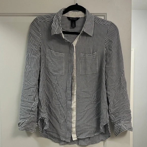 White House Black Market Navy and White Striped Blouse - Picture 3 of 4